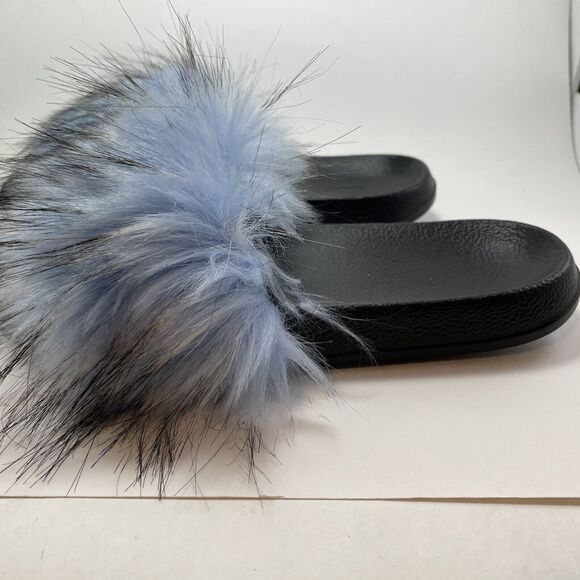 Faux Fox Fur Slides/Slippers Women's US 7.5-8 Light Blue Fuzzy Fluffy Flat Soft - Picture 11 of 15